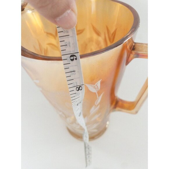 Cosmos by Jeannette Vintage Amber Glass Pitcher With Floral Etching & Handle 8" - Picture 5 of 6
